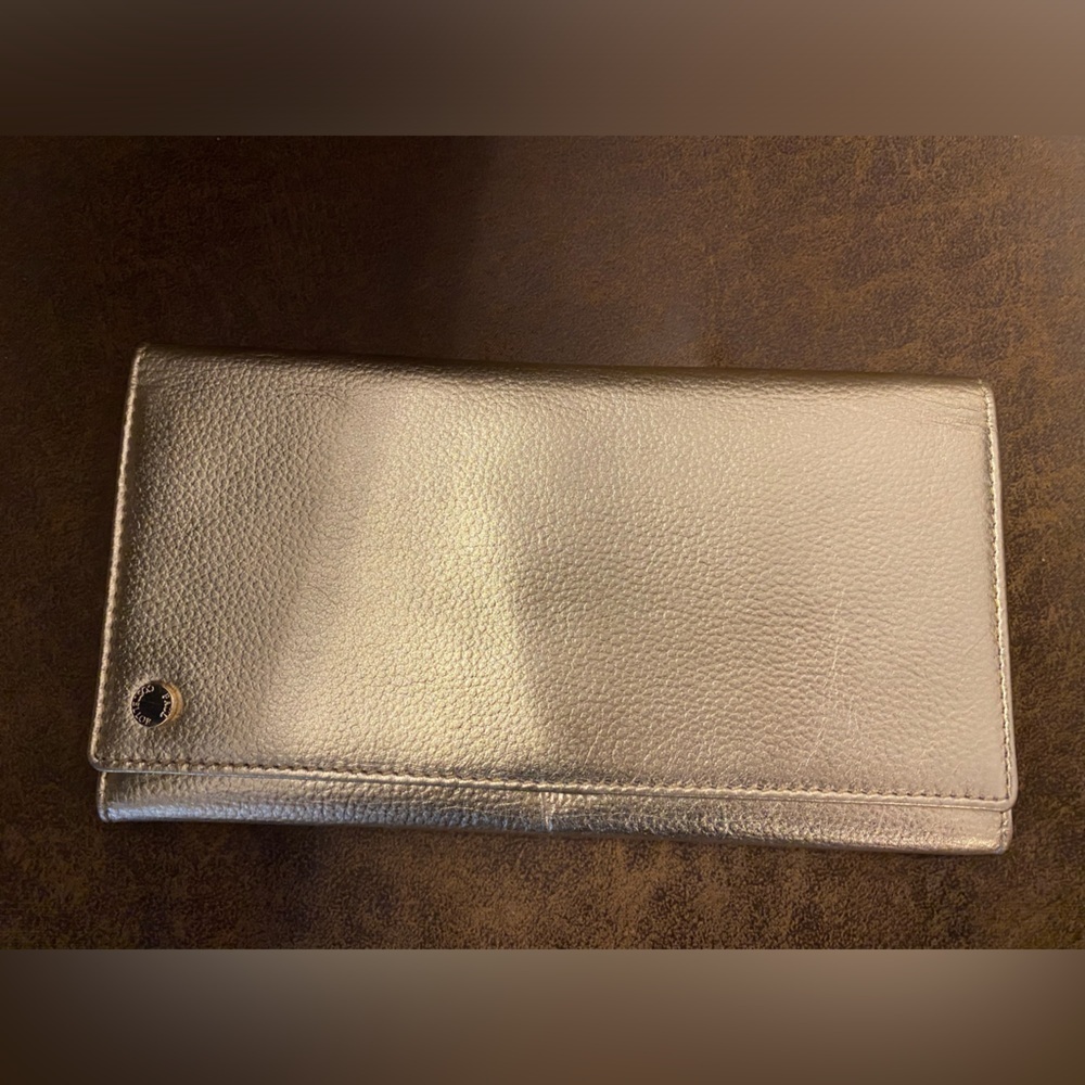 Paul Costelloe Genuine 💯 gold metallic Leather tri-fold wallet